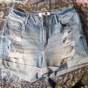 Wax Jean Women's Ripped Denim Shorts - Light Blue